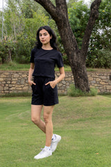 Black half sleeves cotton crop t-shirt & shorts set