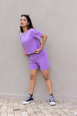 Lavender half sleeves cotton crop t-shirt & shorts set