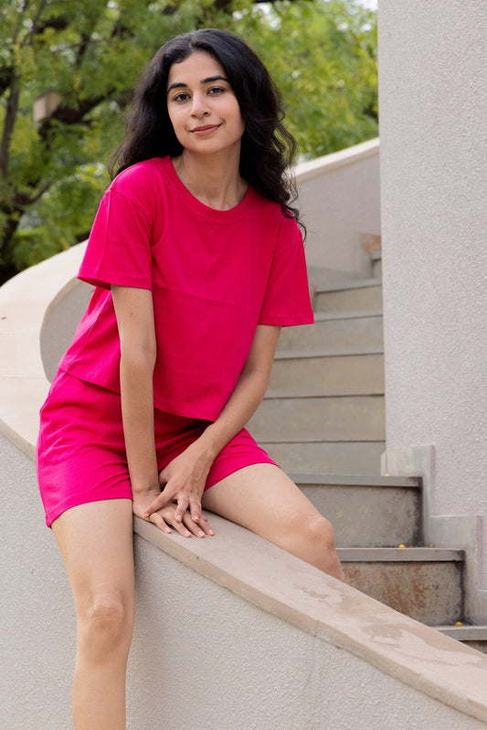 Hot Pink half sleeves cotton crop t-shirt & shorts set