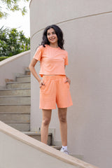 Peach half sleeves cotton crop t-shirt & shorts set