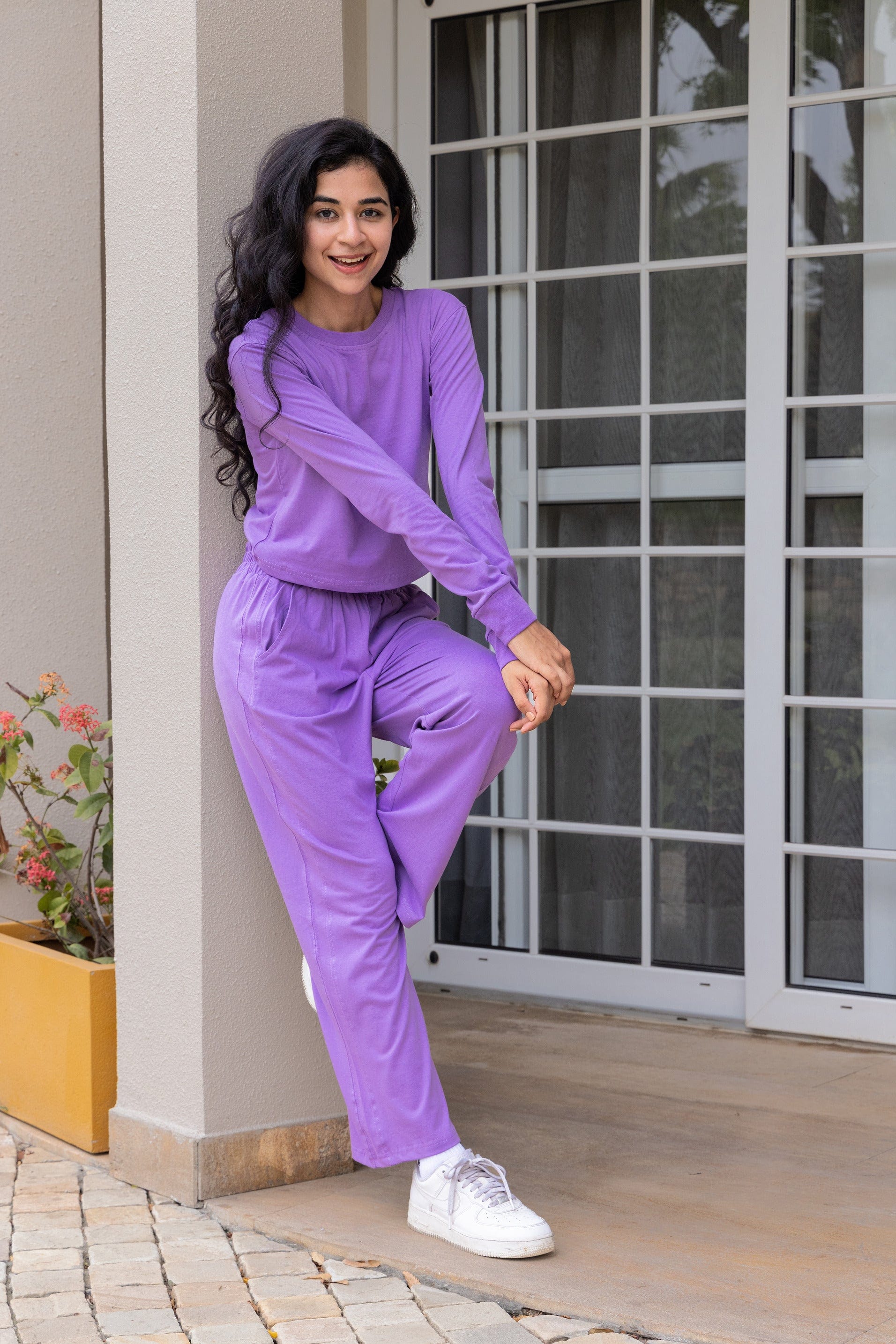 Lavender Full Sleeves Cropped Cotton T-shirt & Pants set