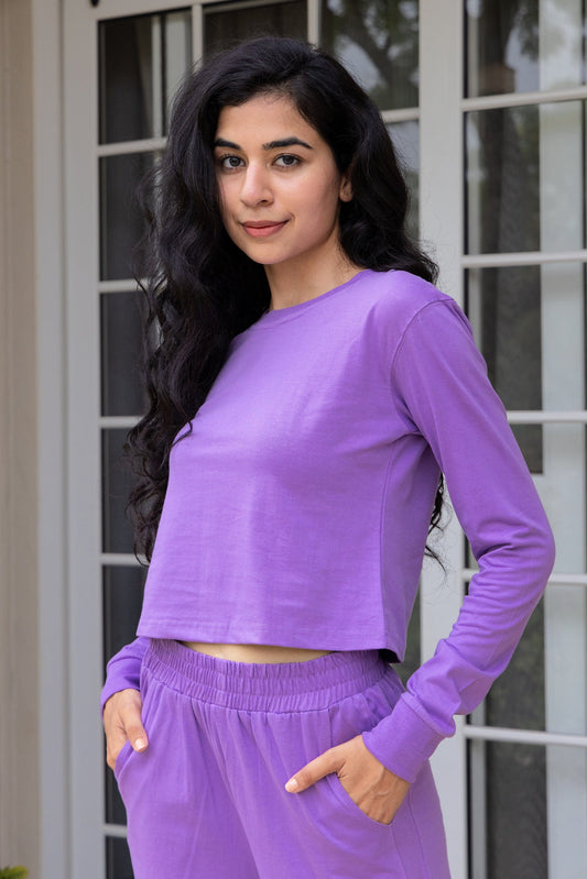 Lavender Full Sleeves Cropped Cotton T-shirt & Pants set