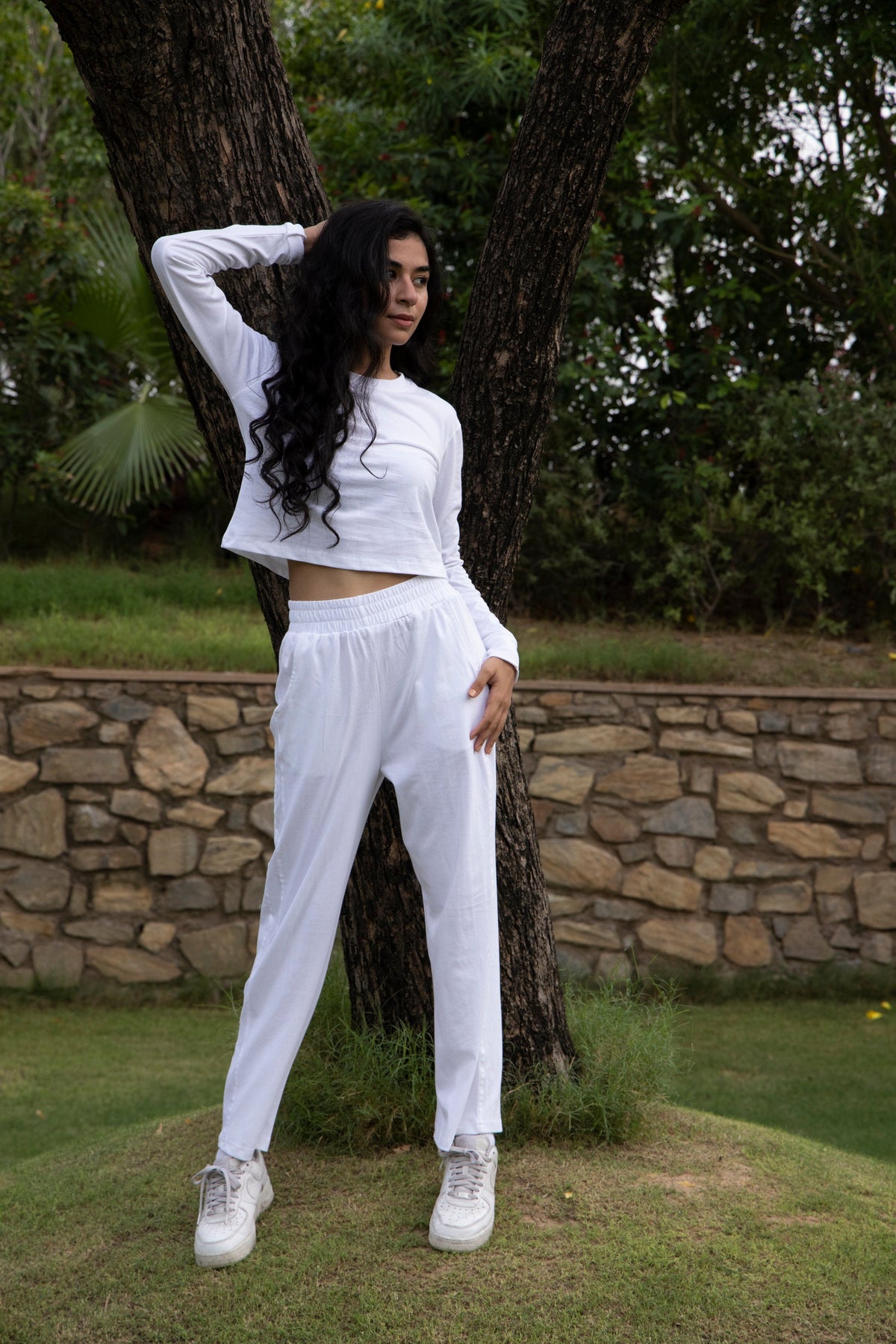 Pearl White Full Sleeves Cropped Cotton T-shirt & Pants set
