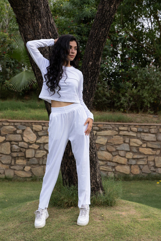 Pearl White Full Sleeves Cropped Cotton T-shirt & Pants set