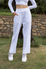 Pearl White Full Sleeves Cropped Cotton T-shirt & Pants set