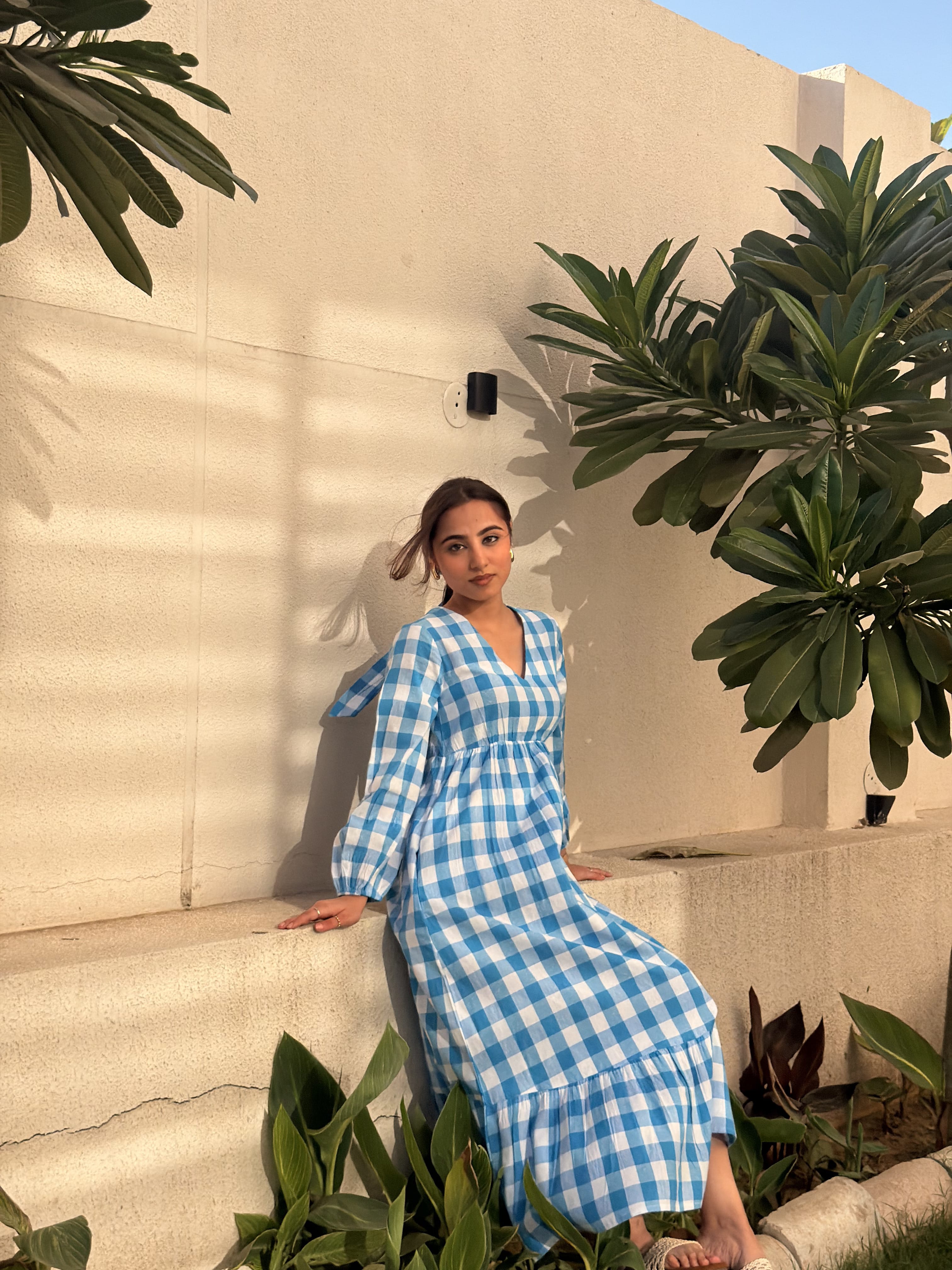 Gingham Full Dress - Blue