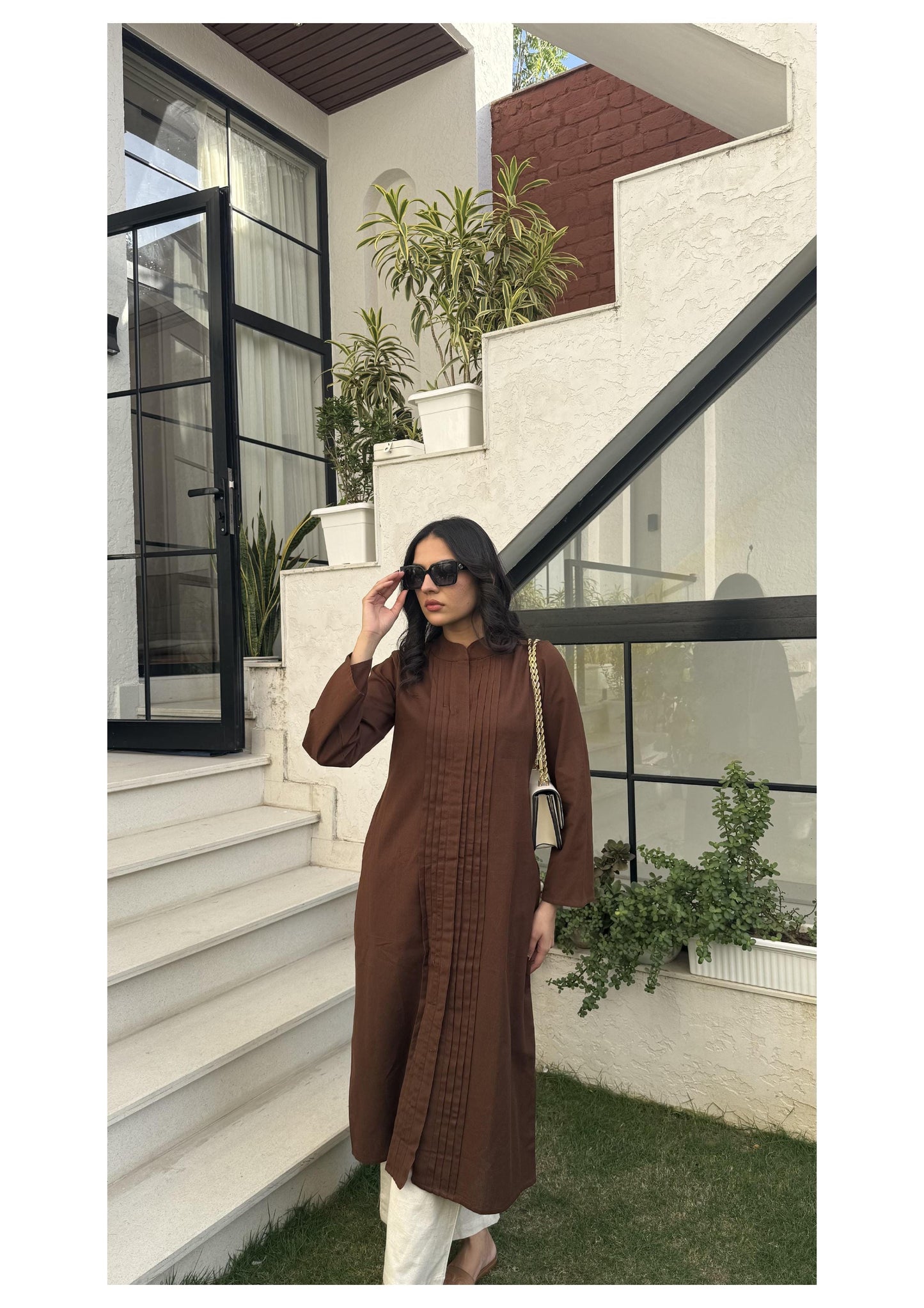 Pleated Long Kurta - Earth Brown