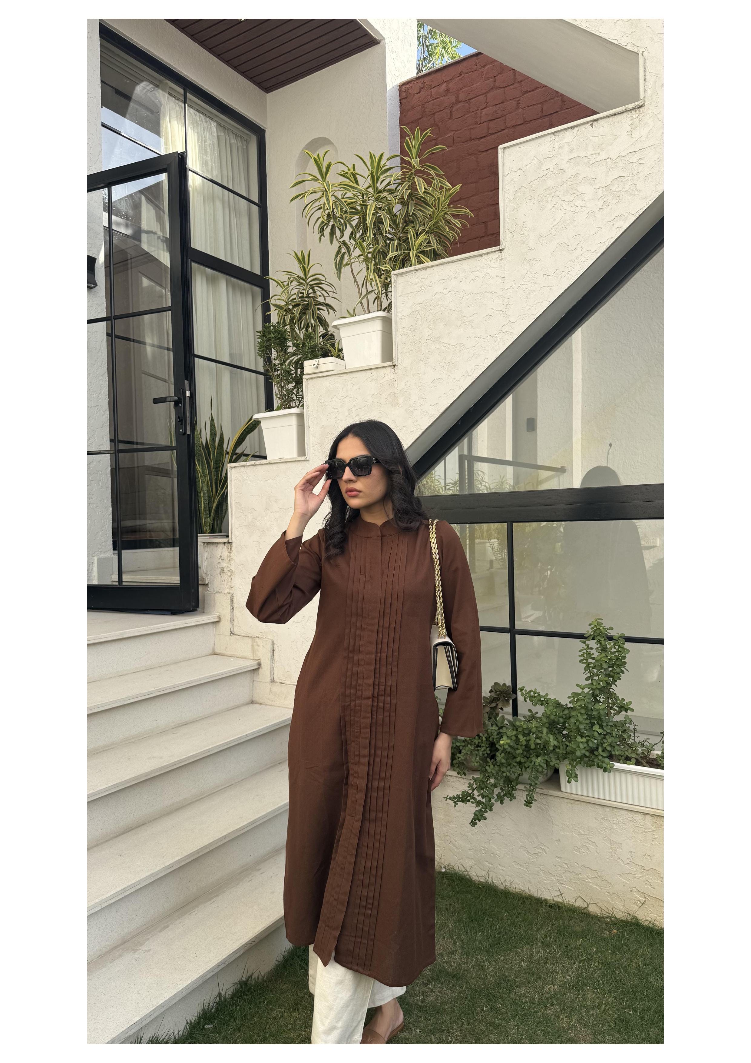 Pleated Long Kurta - Earth Brown
