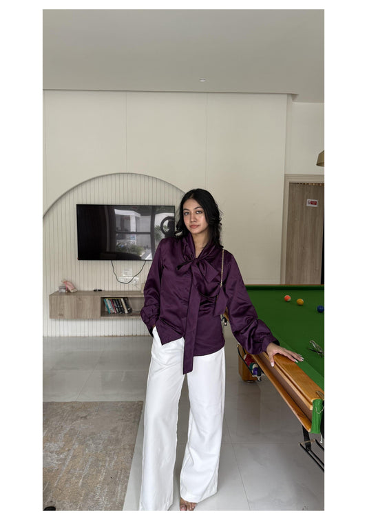 Elle Bow Blouse Top - Plum Purple