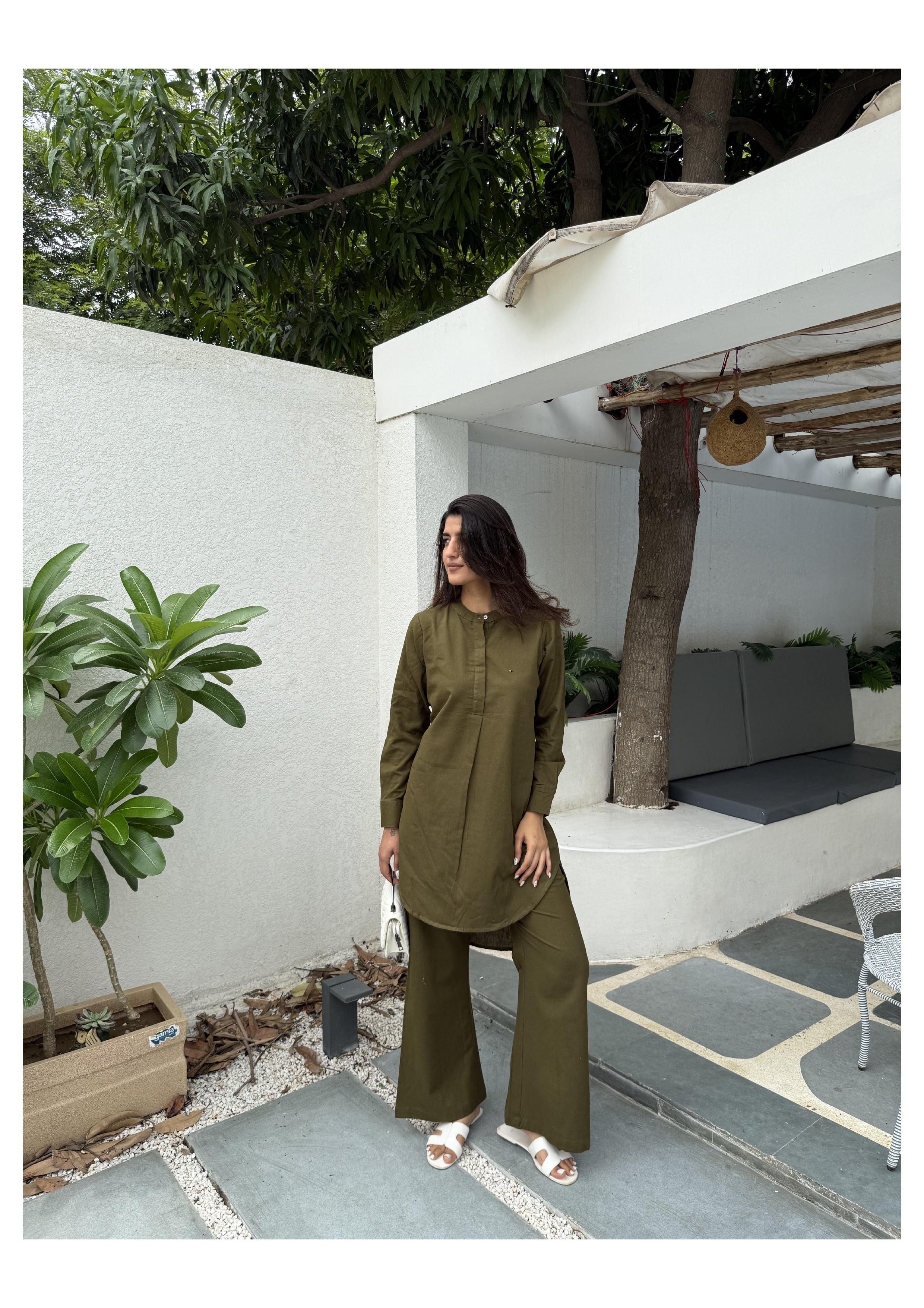 High Low Midi Kurta - Olive Green