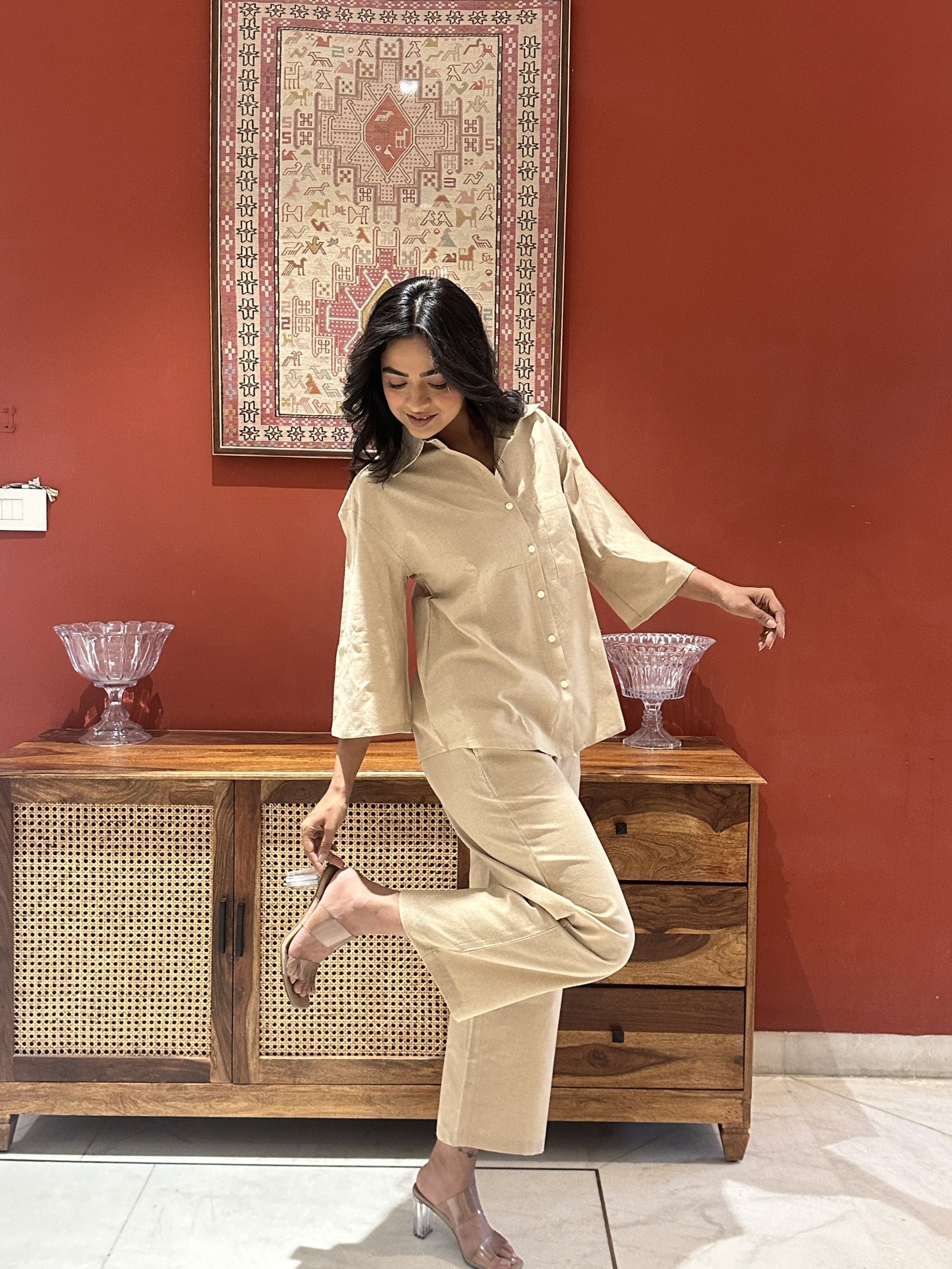 Khaki Bell Sleeves Shirt & Pants Set