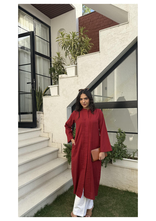 Pleated Long Kurta - Red