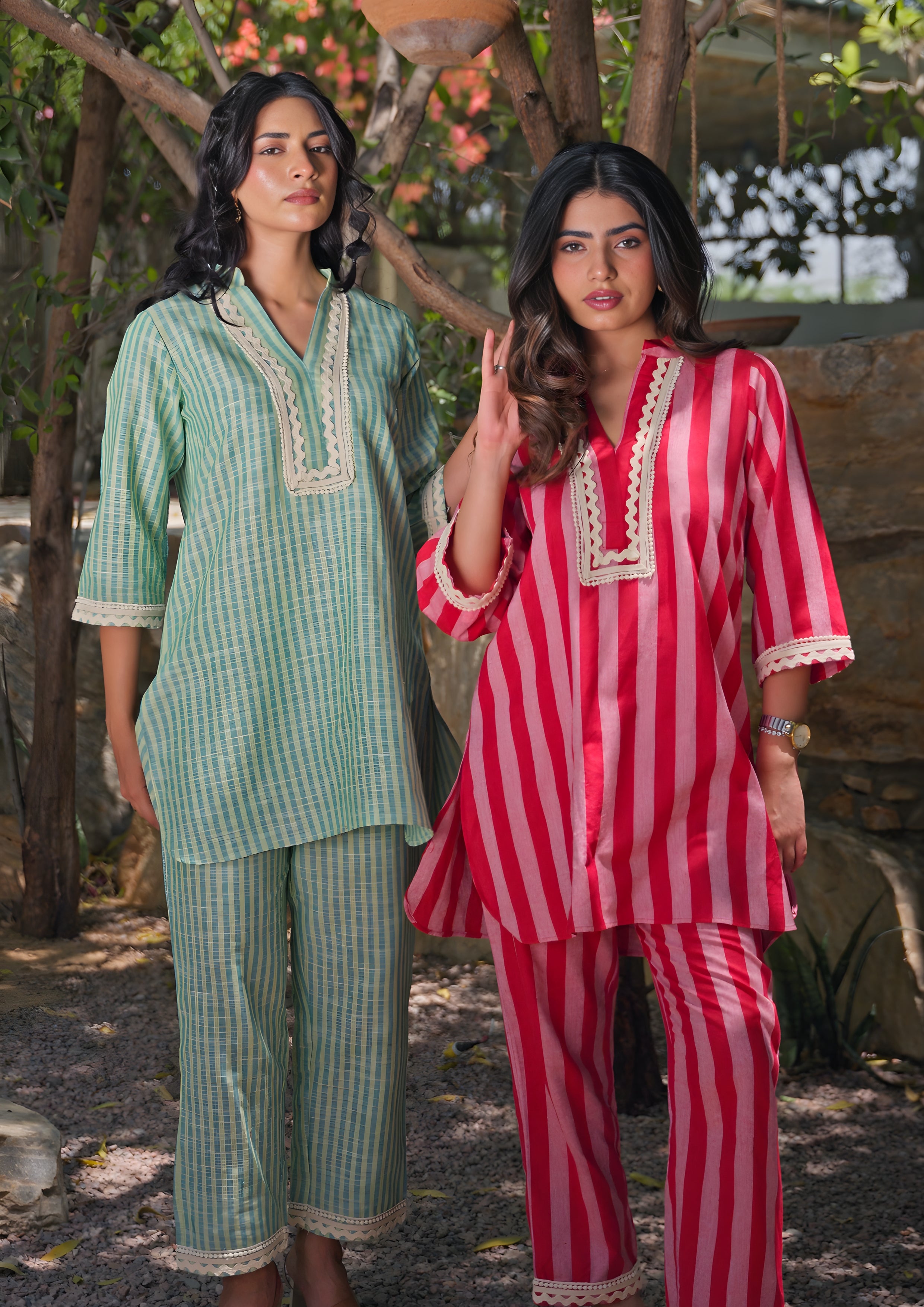 Cotton Striped Co-ord Set with Lace Detail - Green