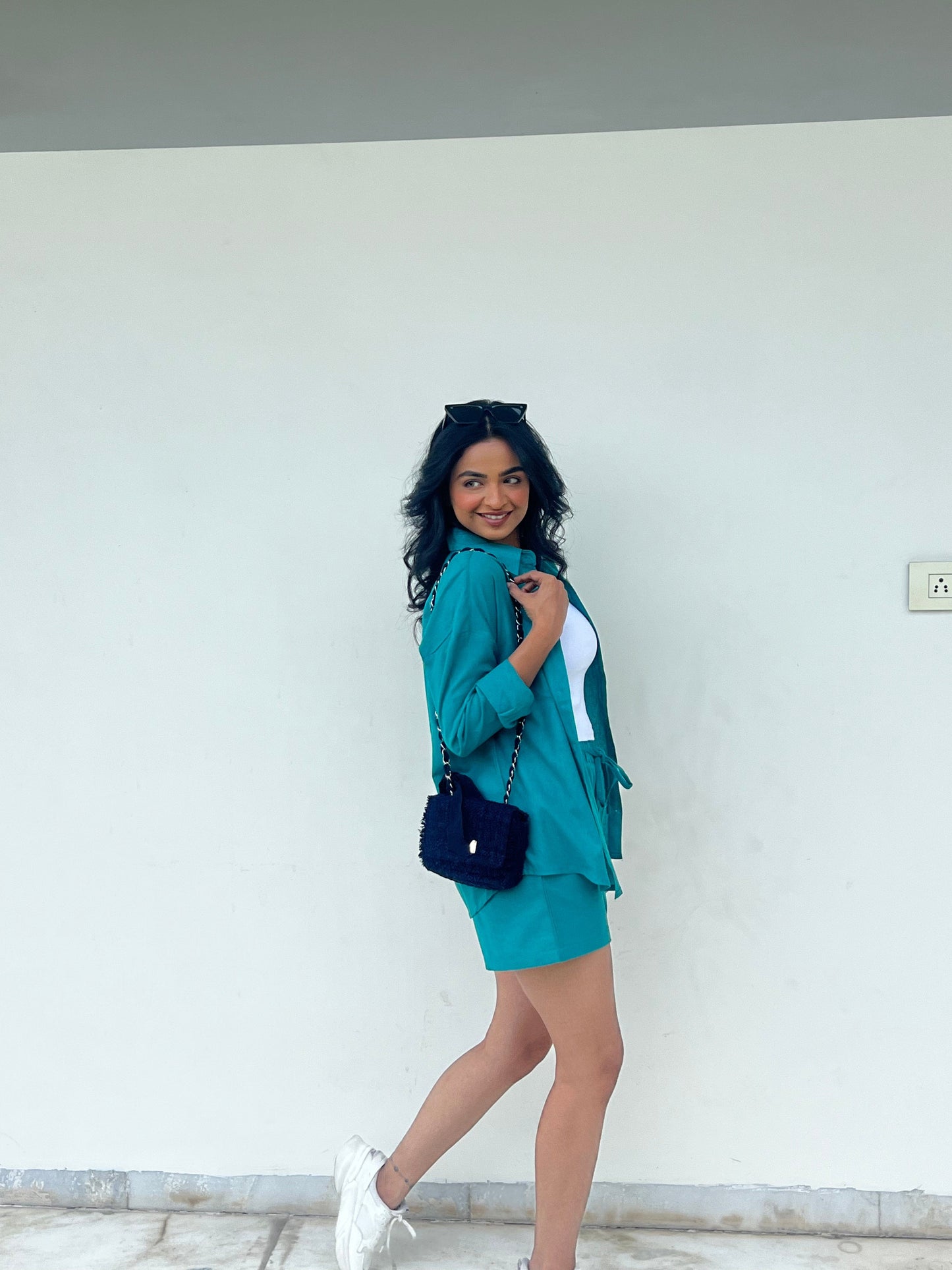 Teal Oversized Cotton Shirt & Shorts Set