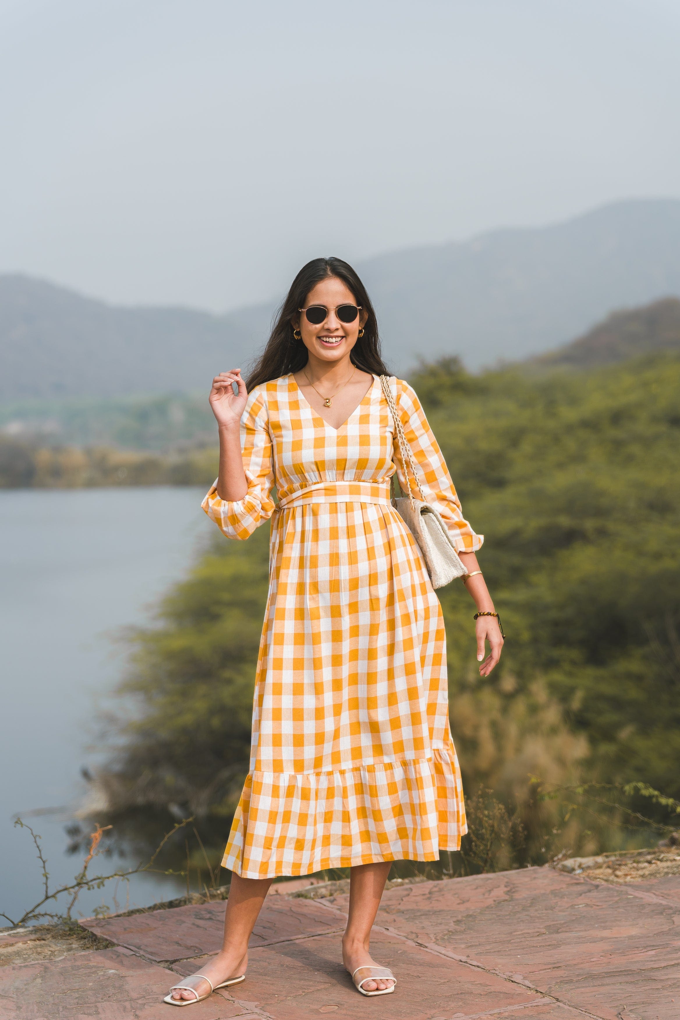 Gingham Full Dress - Yellow
