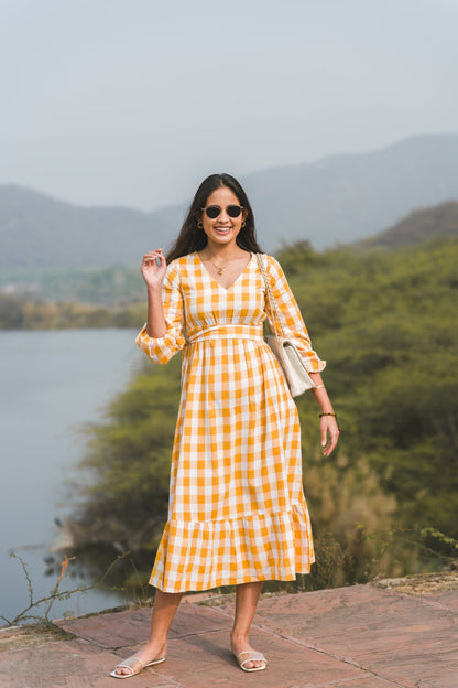 Gingham Full Dress - Yellow