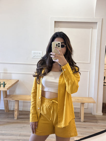 Yellow Oversized Cotton Shirt & Shorts Set